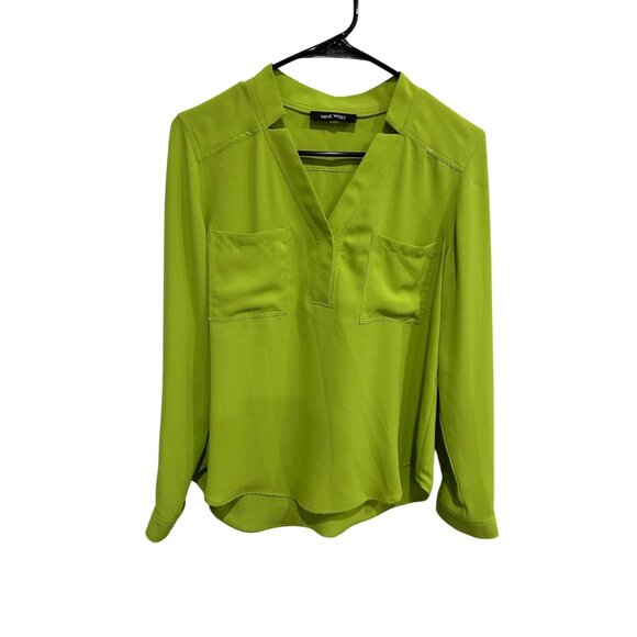 Nine West Womens Lime Green Long Sleeve Blouse V Neck Chest Pockets Size M - Picture 1 of 10